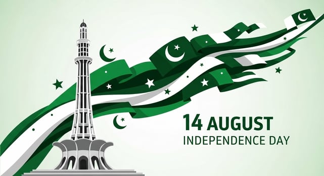Pakistan Independence Day Celebration with MinarePakistan and Waving Flag. photo