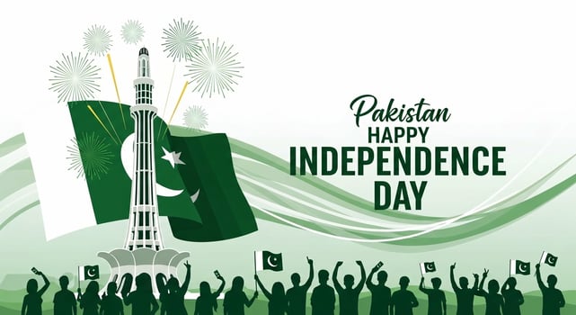 Pakistan Independence Day Celebration with MinarePakistan Flag Fireworks and Cheering Crowd. photo