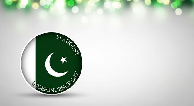 Pakistan Independence Day Illustration with Flag Crescent Star and Bokeh Lights. photo