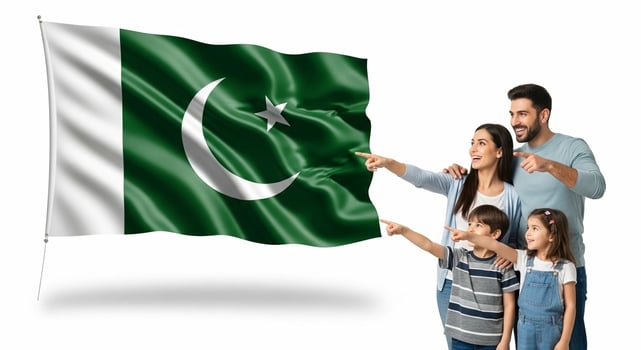Pakistani Family Points Towards Waving National Flag. photo