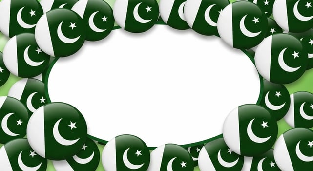 Patriotic Pakistan flag badges border a white oval frame ideal for national events and text. photo