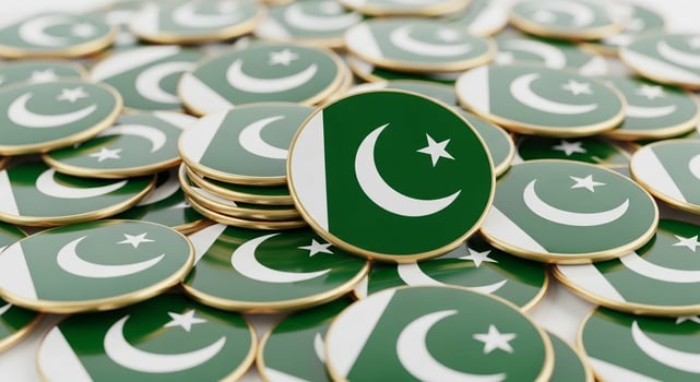 Pile of Pakistan Flag Pins with Crescent Moon and Star Design Golden Border. photo