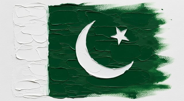 Textured Pakistan Flag Painting with Impasto Green and White Paint Strokes. photo