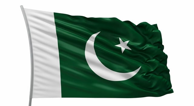 Waving Pakistan Flag with Crescent Moon and Star on White Background photo