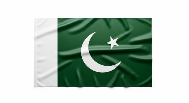 Waving Pakistan Flag with Crescent Moon and Star on White Background. photo