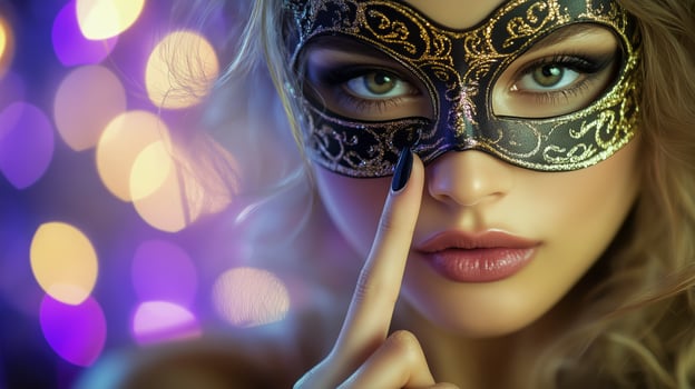 Mysterious Woman in Elaborate Mask During Festive Celebration at Night photo