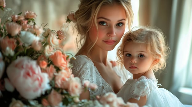 Mother and Daughter Surrounded by Flowers in a Bright Indoor Setting During a Peaceful Afternoon. photo