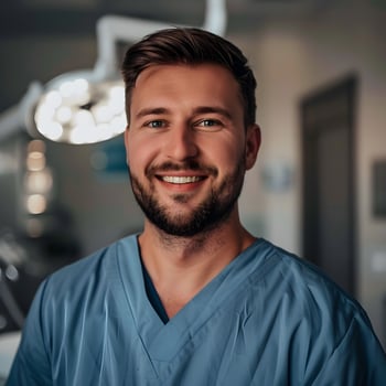 Smiling Healthcare Professional Portrait. A close-up portrait showcases a confident and smiling medical professional, radiating approachability in a well-lit clinic setting photo