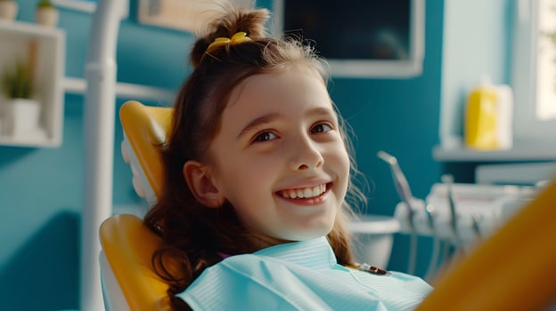 Happy Dental Visit. A young girl smiles brightly, radiating confidence and joy during a dental checkup, set against a clean and inviting clinic backdrop photo