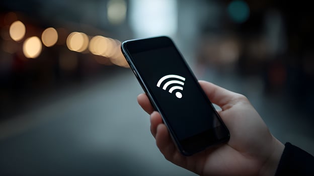 Businesswoman holding smartphone showing wifi symbol in urban setting photo