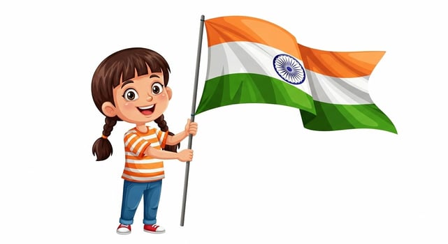 A happy cartoon girl with brown pigtails proudly holding the waving flag of India photo