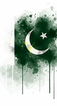 Artistic watercolor illustration of the Pakistan flag with green paint splatters and drips. photo