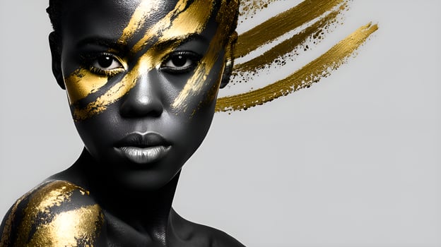 Model showing golden makeup and black skin posing for beauty portrait photo