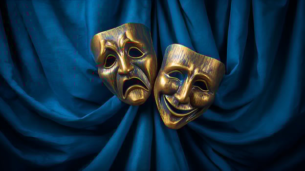 Comedy and tragedy masks resting on blue drapes photo