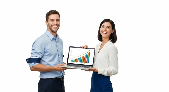 Cheerful business partners holding a laptop with a rising bar chart isolated on white. photo