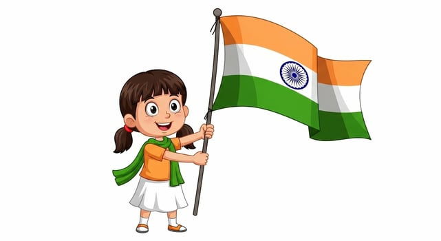 Cheerful cartoon girl proudly holding the Indian flag with Ashoka Chakra photo
