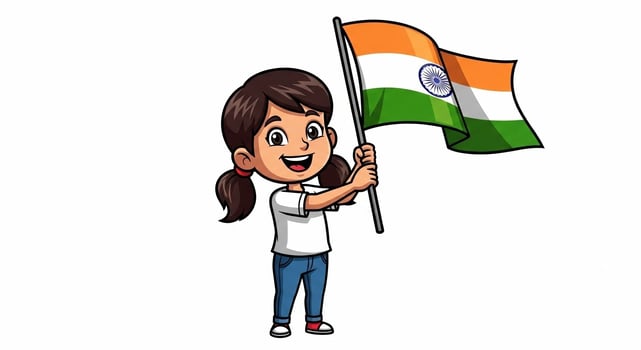 Cheerful Girl Holding Indian Flag, Cartoon Illustration, White Background. photo
