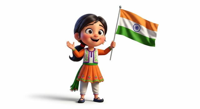 Cheerful Indian Girl with Flag, Celebrating Independence Day photo