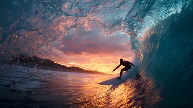 Surfer riding ocean wave at sunset inside barrel wave photo