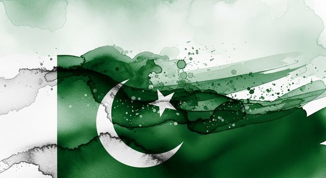 Green and white Pakistani flag with crescent moon and star in a painterly watercolor style. photo