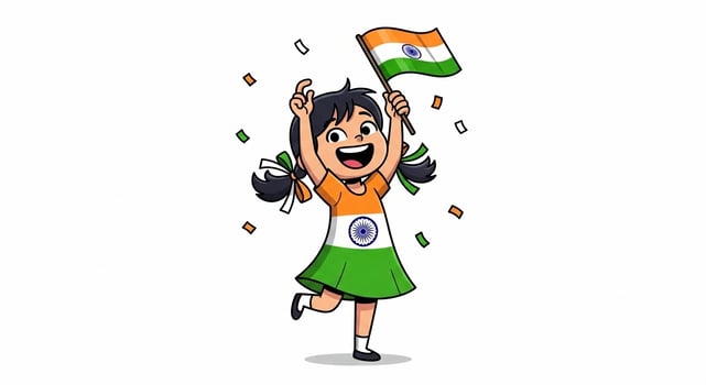 Happy Indian Cartoon Girl Celebrating with National Flag and Confetti photo