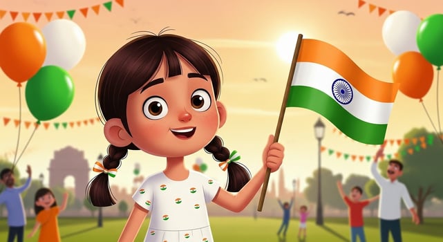 Happy young Indian girl with pigtails celebrating with the national flag at a park. photo