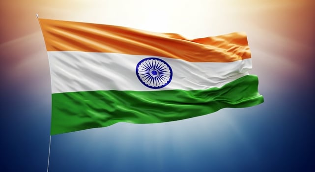 Indian Flag Waving in Sunlight, National Symbol. photo
