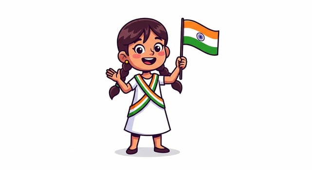Indian Girl with Flag Celebrating Independence Day Cartoon Illustration photo