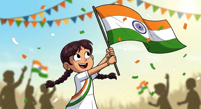 Indian Girl Celebrates with Flag, Confetti, and Joyful Expression photo