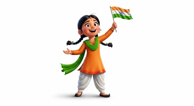 Joyful cartoon girl in traditional Indian attire waves the Indian flag with pride photo