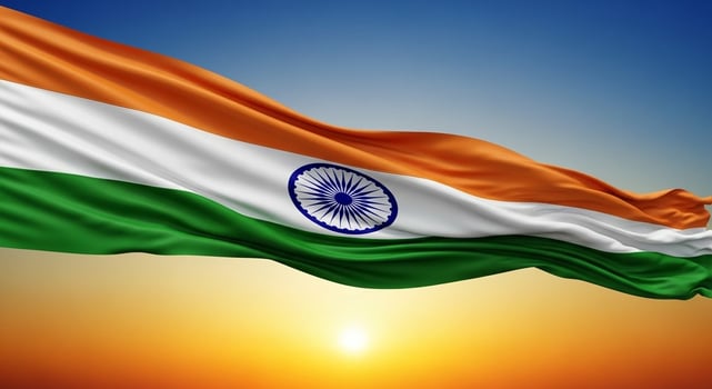 Indian tricolor flag with the Ashoka Chakra waving majestically over a golden sunset horizon. photo