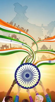 Indian Pride People Holding Ashoka Chakra with Landmarks and Flag photo