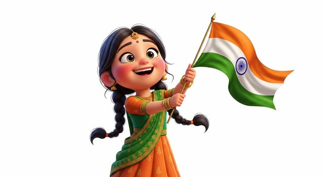 Joyful cartoon Indian girl in traditional attire proudly holding the national flag on white background photo