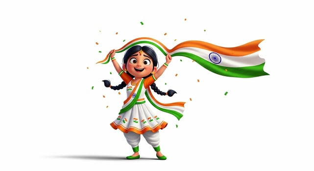 Joyful Indian Girl Celebrating with National Flag and Confetti photo