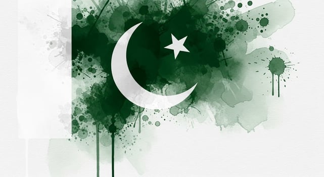 Pakistan Flag Watercolor Art Crescent Moon and Star on Green Splatter Background photo