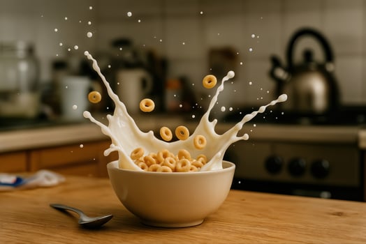 Dynamic Milk Splashing Over Cereal In Kitchen Setting With Cheerios In Beige Bowl On Wooden Table, Capturing Motion And Energy In Everyday Breakfast Scene photo