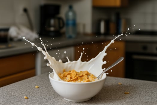 Dynamic Splash of Milk and Cereal in Motion on a Kitchen Counter Capturing Breakfast Energy and Creativity photo