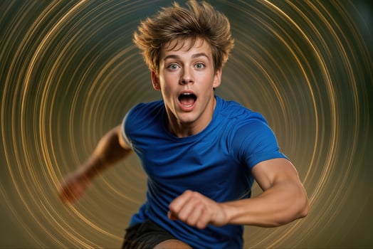 Excited Young Man Running in Vibrant Spiral Motion Outdoors with Dynamic Blur Background for Sport and Energy Concept photo