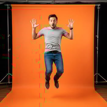 Excited man jumping with surprise against vibrant orange backdrop in studio for fun marketing campaign photo