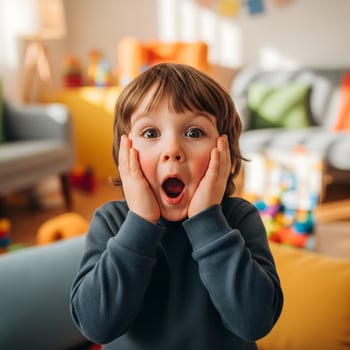 Adorable little boy with a shocked expression in a colorful playroom is absolutely priceless photo
