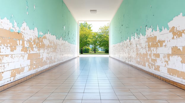 Peeling paint corridor with tiled floor leading to bright outdoor view, evoking sense photo