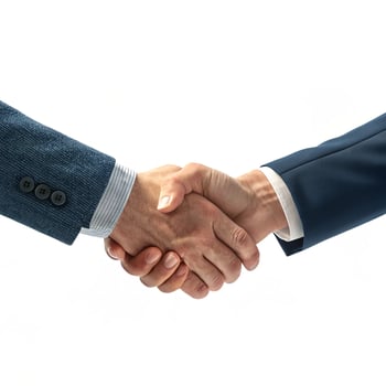 Two men in suits shaking hands on white background photo