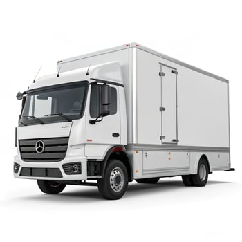White box truck with double rear doors and silver trim photo