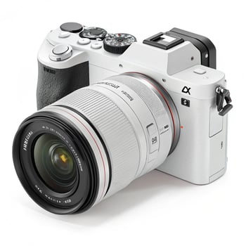 White digital camera with a large lens and soft shadows photo