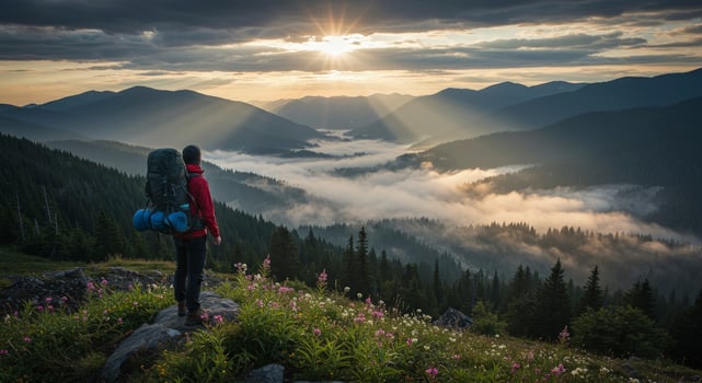 Hiker overlooking a stunning mountain view photo
