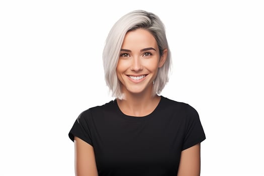 A woman with short white hair and a black shirt photo