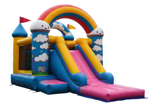 A bouncy castle with a rainbow slide photo