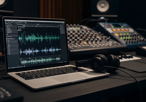 A laptop and headphones sitting on a desk in a recording studio photo