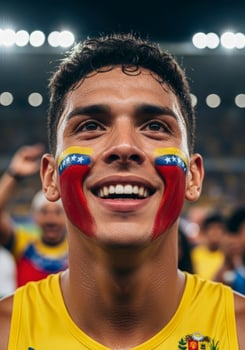 Young fan with Venezuelan flag face paint smiling brightly in stadium photo