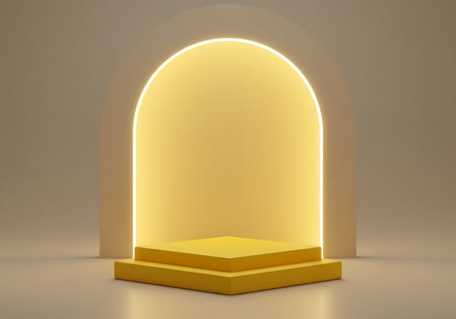 An empty room with a yellow door and a light coming from it photo